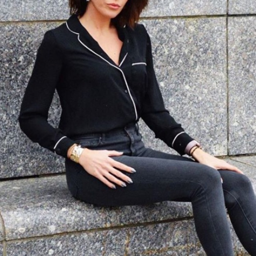 Zara Black Button Down Pajama Style Blouse XS